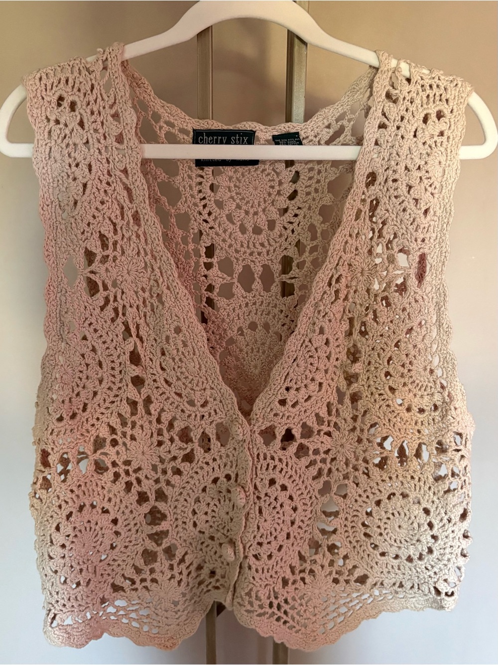 Vintage Cherry Stix Crochet Sweater Vest Cream Beige Boho Y2K Floral Button Up